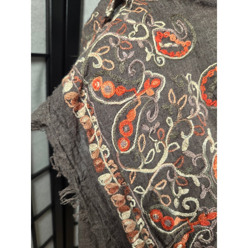 Paisley Embroidered Shawl Scarf Frayed Edge Cotton Blend Wrap Boho Scarf - Picture 3 of 5